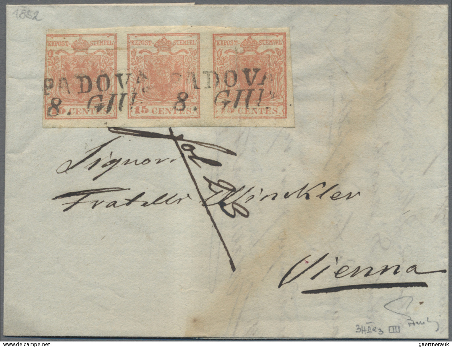 Österreich - Lombardei Und Venetien: 1850, 15 C Karminrosa, Dreierstreifen, Link - Lombardy-Venetia