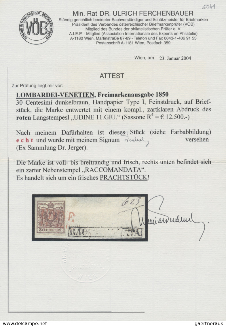 Österreich - Lombardei Und Venetien: 1850, 30 C Tiefdunkelbraun, Handpapier Type - Lombardy-Venetia