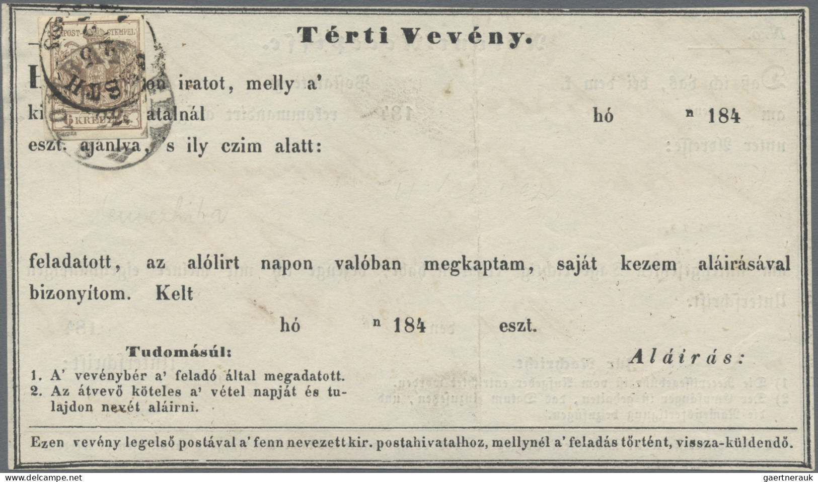 Österreich - Verwendung In Ungarn: 1856, Zweisprachige Retour-Recepisse Frankier - Sonstige & Ohne Zuordnung
