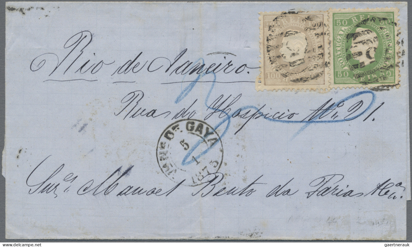 Portugal: 1875 Entire From Villa Nova De Gaya To Rio De Janeiro Via Lisbon, Fran - Lettres & Documents