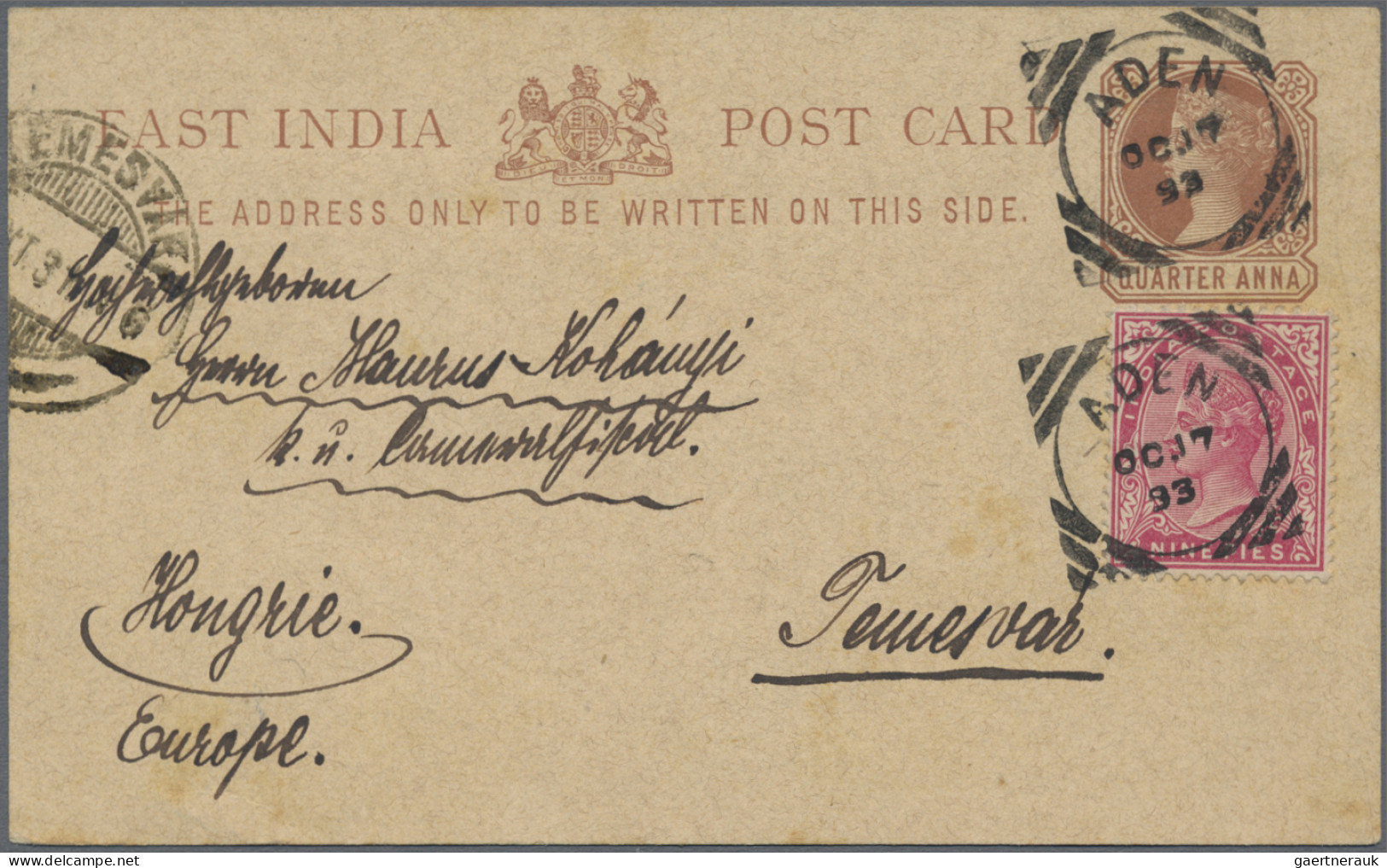 Romania - Specialities: 1893, Temesvar, Incoming Mail From Aden: Indian Postal S - Andere & Zonder Classificatie