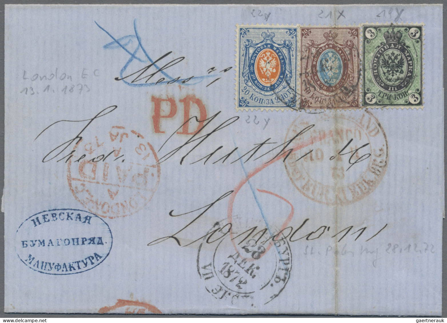 Russia: 1868 3k. And 20k. Both On Vertically Laid Paper Used Along With 1866 10k - Sonstige & Ohne Zuordnung