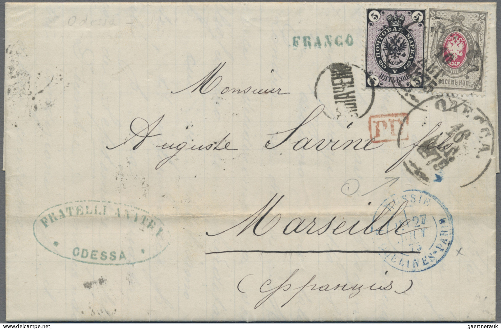 Russia: 1875 Entire Sent From Odessa To Marseilles Via Prussia, Franked 1862 5k. - Lettres & Documents