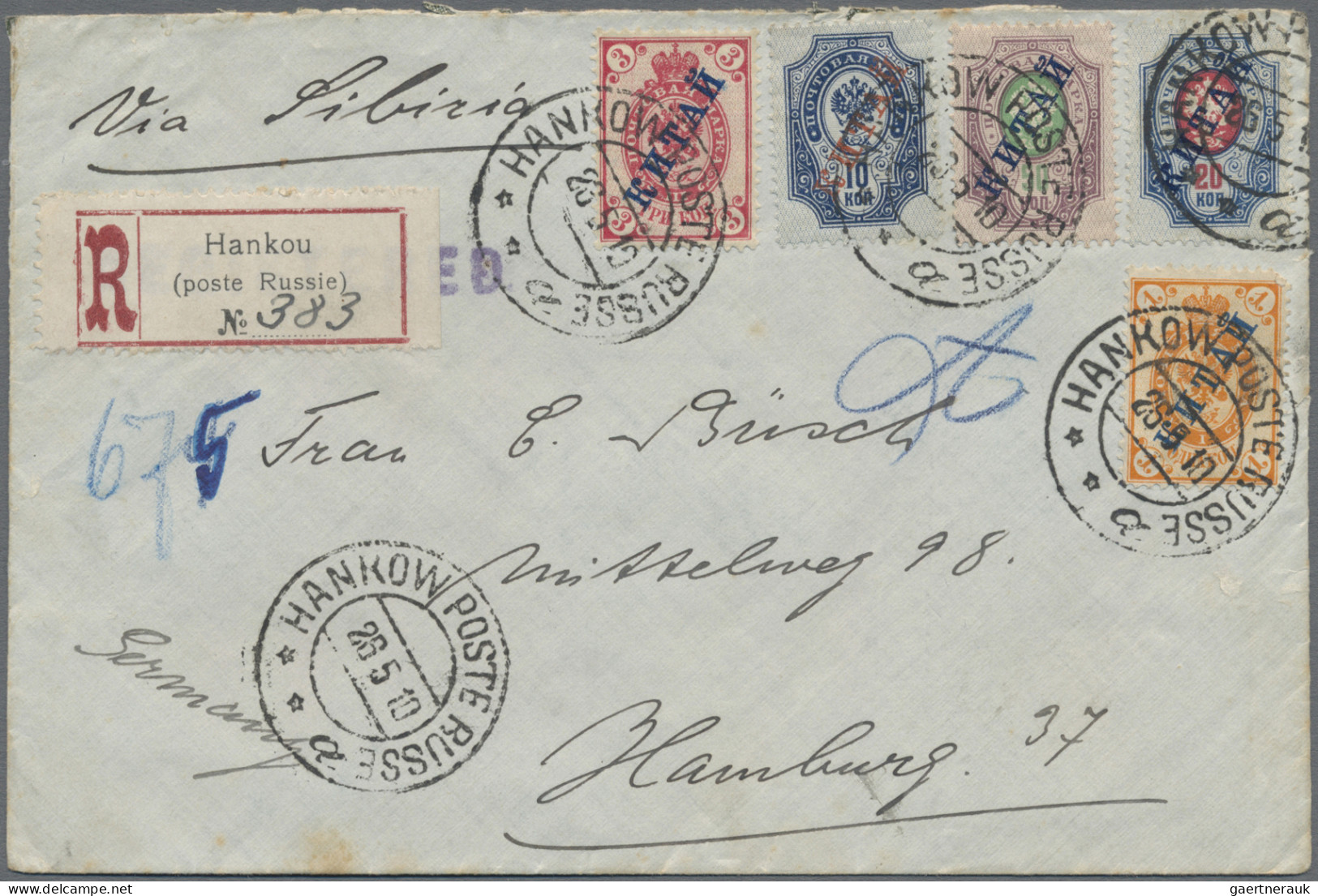 Russian Post In China: 1910 Registered Cover From Hankou To Hamburg, Germany 'vi - Chine