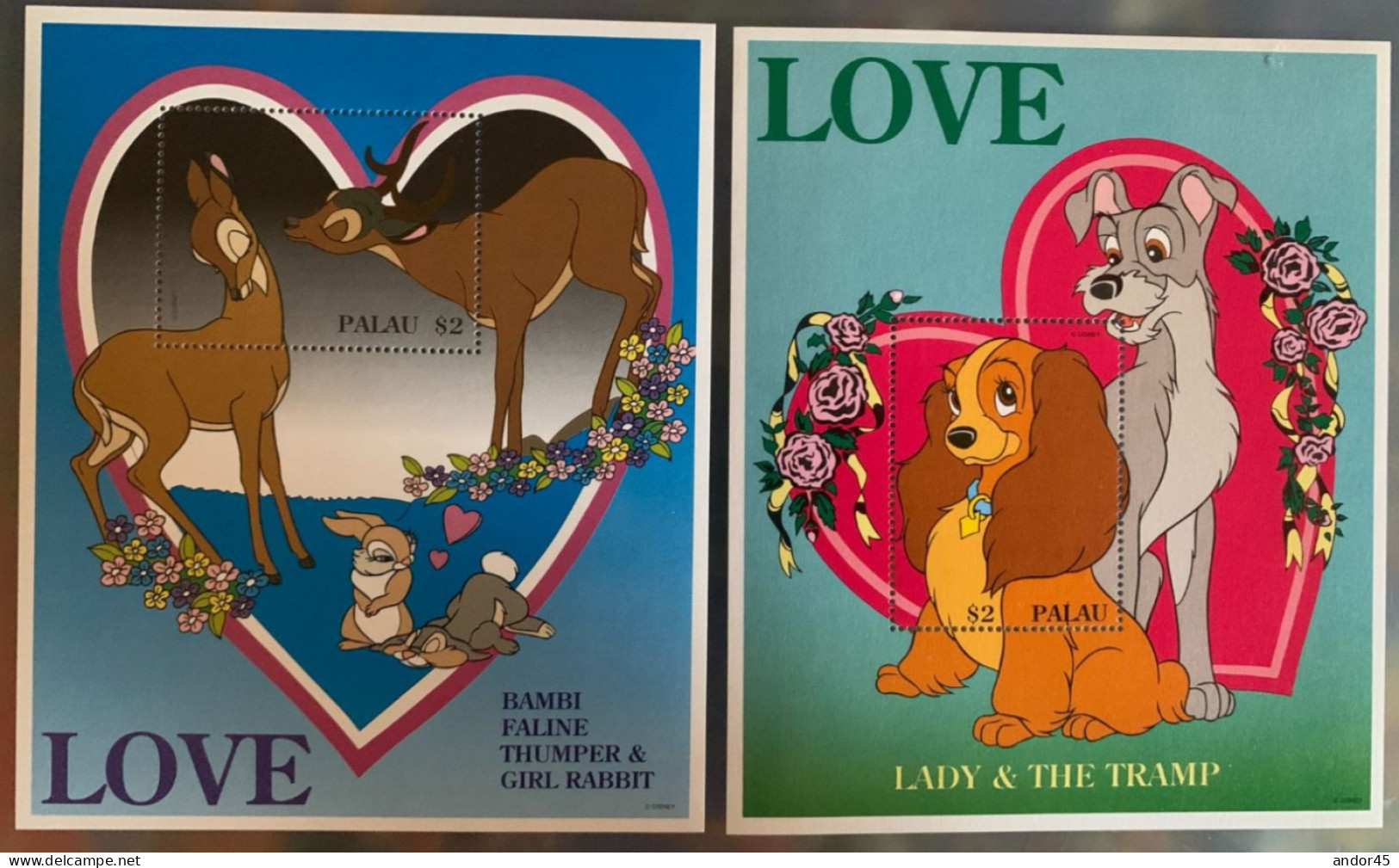 DUE FOGLIETTI PALAU  ILLUSTRATIVI WALT DISNEY BAMBI FALINE THUMPER E GIRL RABBIT + LADY E THE TRAMP     MOLTO BELLI E RA - Palau