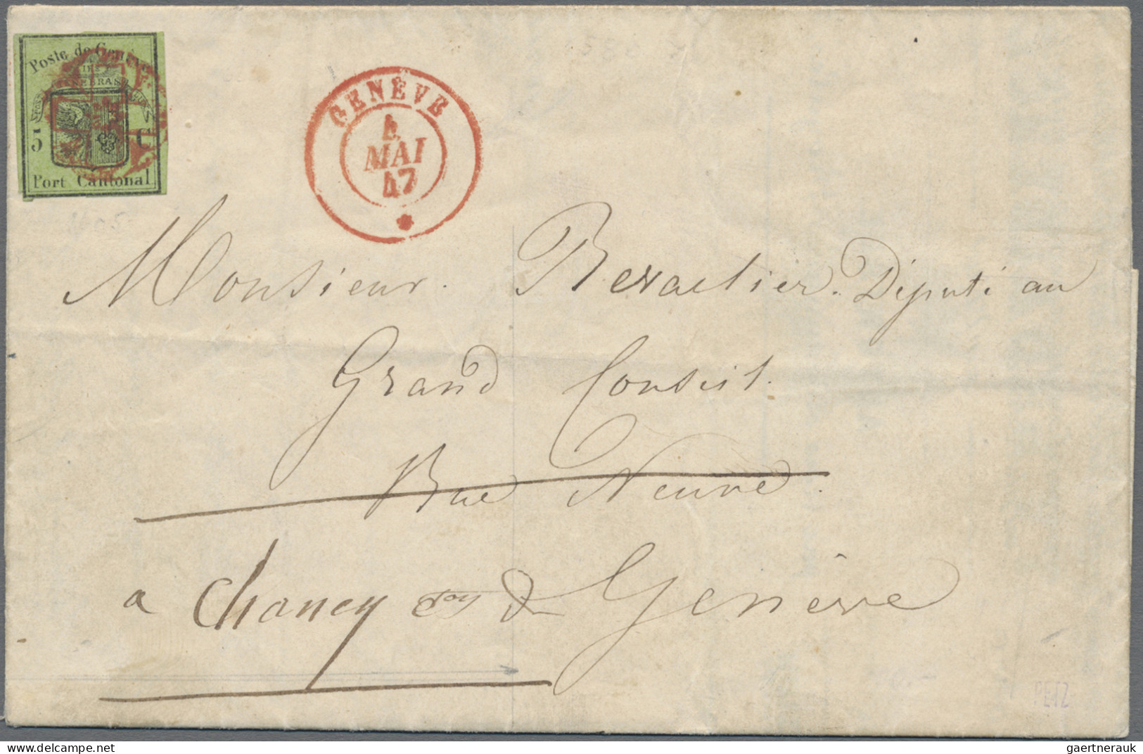 Schweiz - Genf: 1846 Großer Adler 5 C. Auf Komplettem, Teils Gedrucktem Versiche - 1843-1852 Federale & Kantonnale Postzegels
