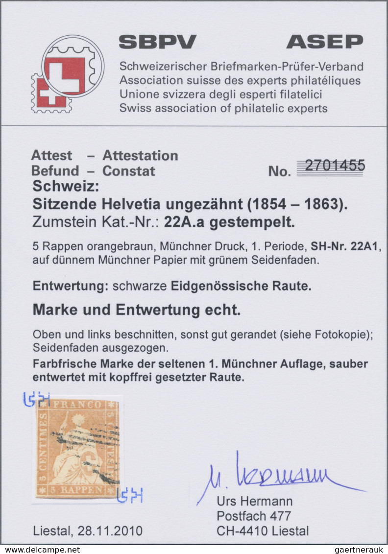 Schweiz: 1854 Strubel 5 Rp. Orangebraun Vom 1. Münchner Druck, Leicht Gestempelt - Usados