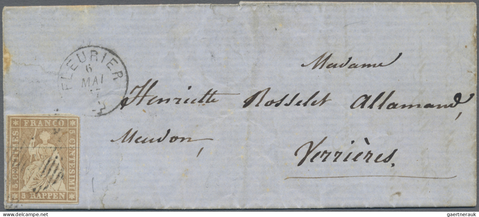 Schweiz: 1856 Strubel 5 Rp. Graubraun Auf Sehr Dünnem "Seidenpapier" Mit Klische - Briefe U. Dokumente