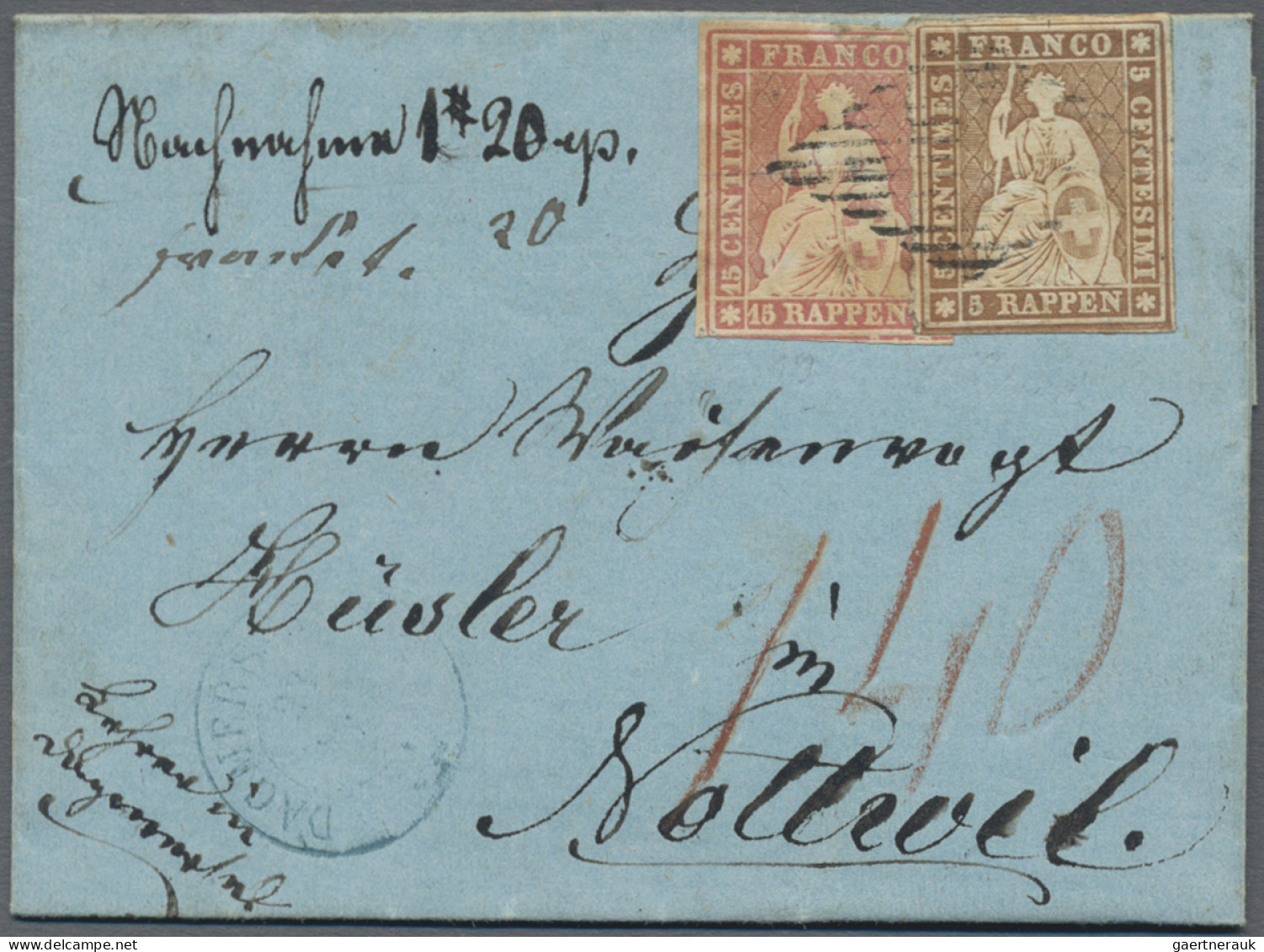 Schweiz: 1854-55 Strubel 5 Rp. Und 15 Rp., Beide Vom 1. Berner Druck, Zusammen A - Briefe U. Dokumente