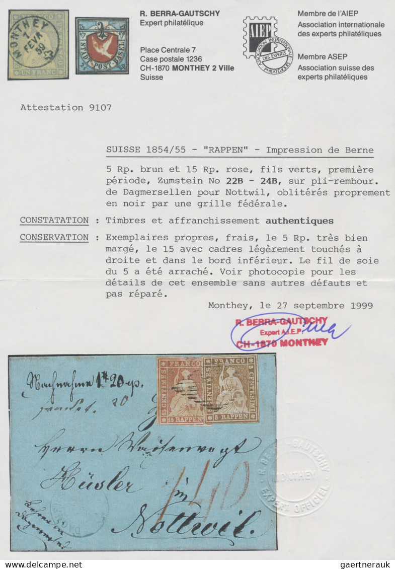 Schweiz: 1854-55 Strubel 5 Rp. Und 15 Rp., Beide Vom 1. Berner Druck, Zusammen A - Briefe U. Dokumente