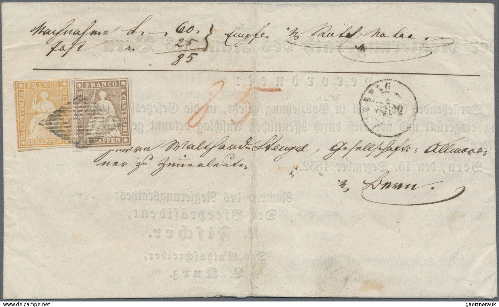 Schweiz: 1854-55 Strubel 20 Rp. Vom 1. Berner Druck Und 5 Rp. Mit Gelbem Seidenf - Covers & Documents