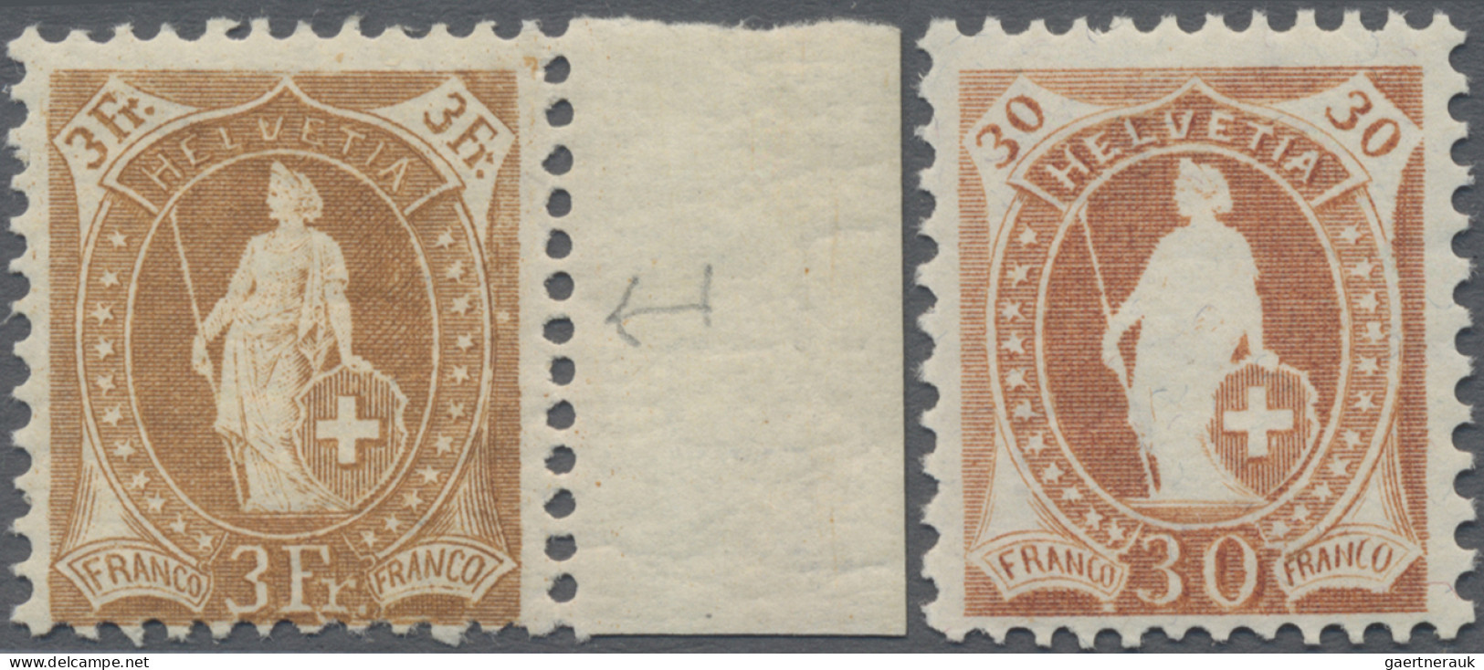 Schweiz: 1905/1907 Stehende Helvetia 3 Fr., Gez. 11½:12, Wz. Kreuze, Mit Bogenra - Ungebraucht