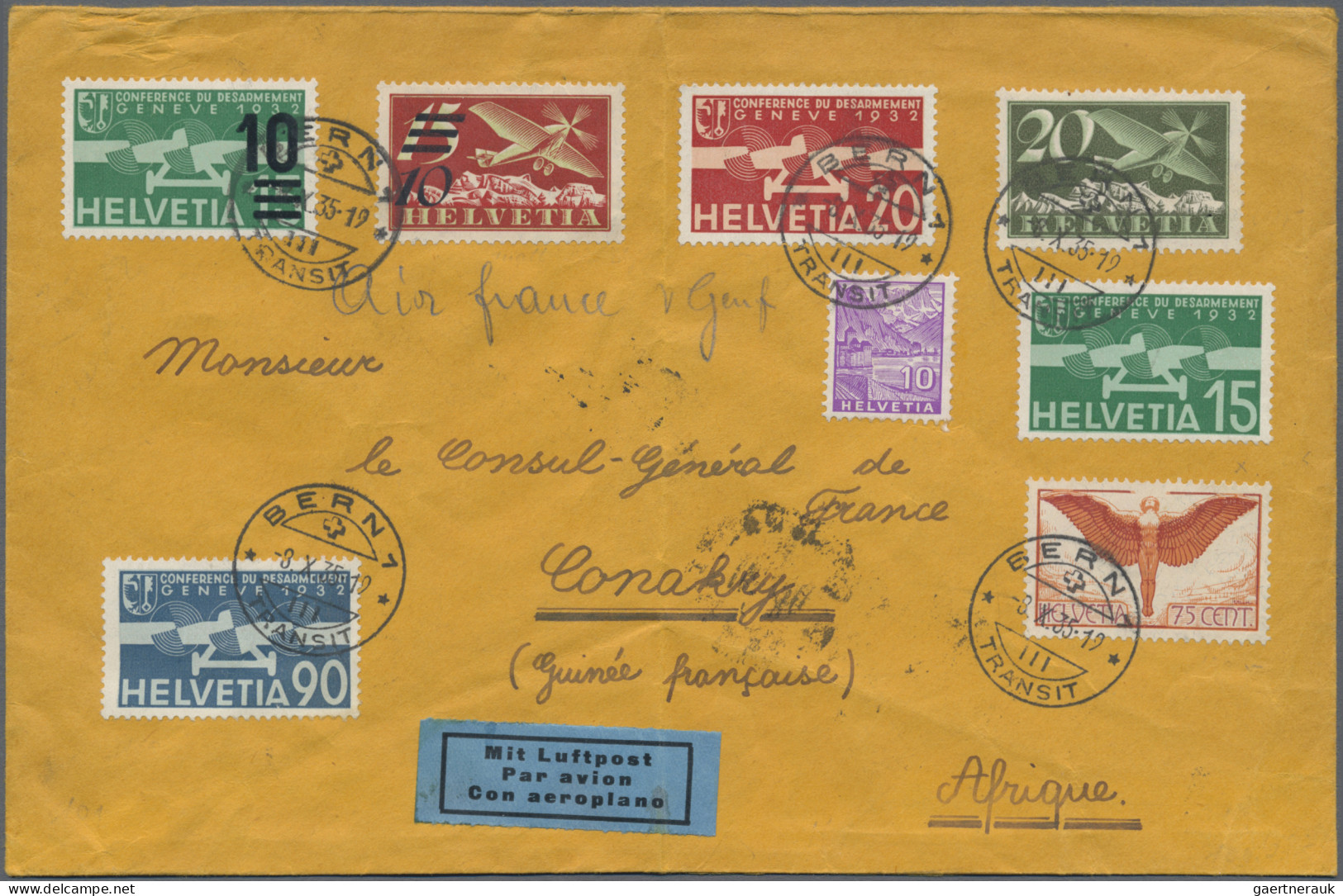 Schweiz: 1935, Attraktive Frankatur Flugpostmarken Auf Luftpostbrief Von "BERN 8 - Briefe U. Dokumente