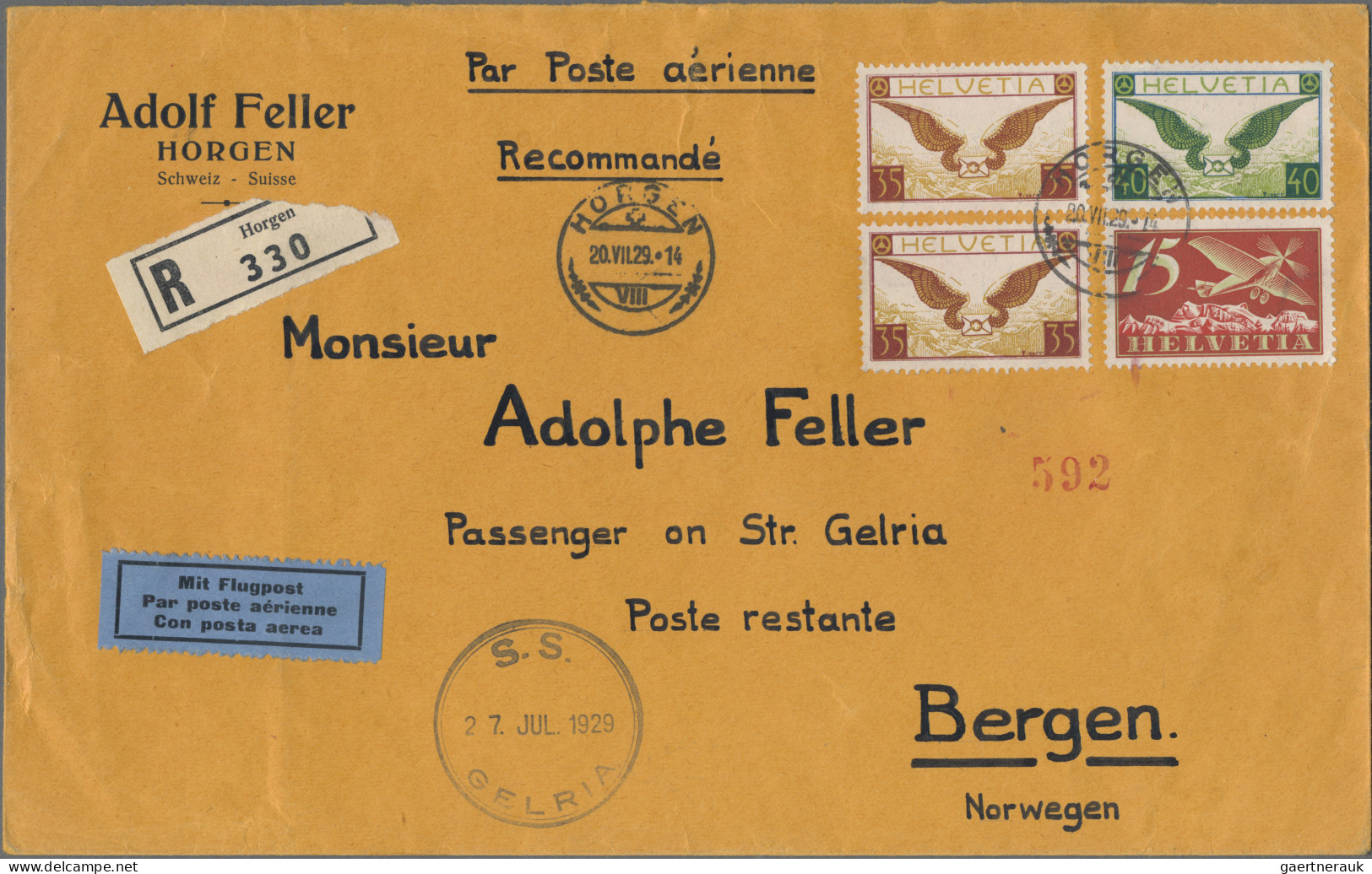 Schweiz: 1929, R-Flugpostbrief Mit Bunter Frankatur Von "HORGEN 20.VII.29" Nach - Covers & Documents