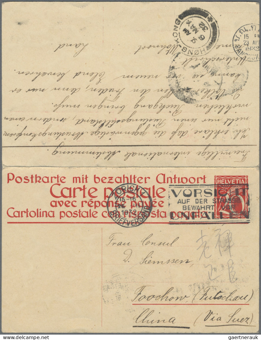 Schweiz - Ganzsachen: 1929/32 Destination CHINA: Doppelganzsachenkarte 20+20 Rp. - Ganzsachen