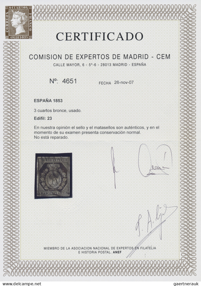 Spain: 1853 3cs. Bronze, Used, With Even Wide Margins All Round, Fresh And Fine. - Other & Unclassified