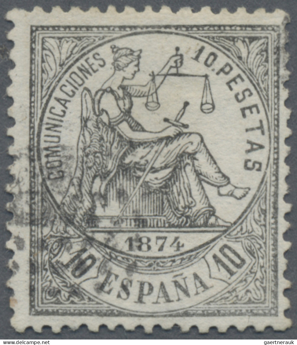 Spain: 1874 'Allegory' 10p. Black, Used With Mute Handstamp Of Dots, Fine. A RAR - Used Stamps