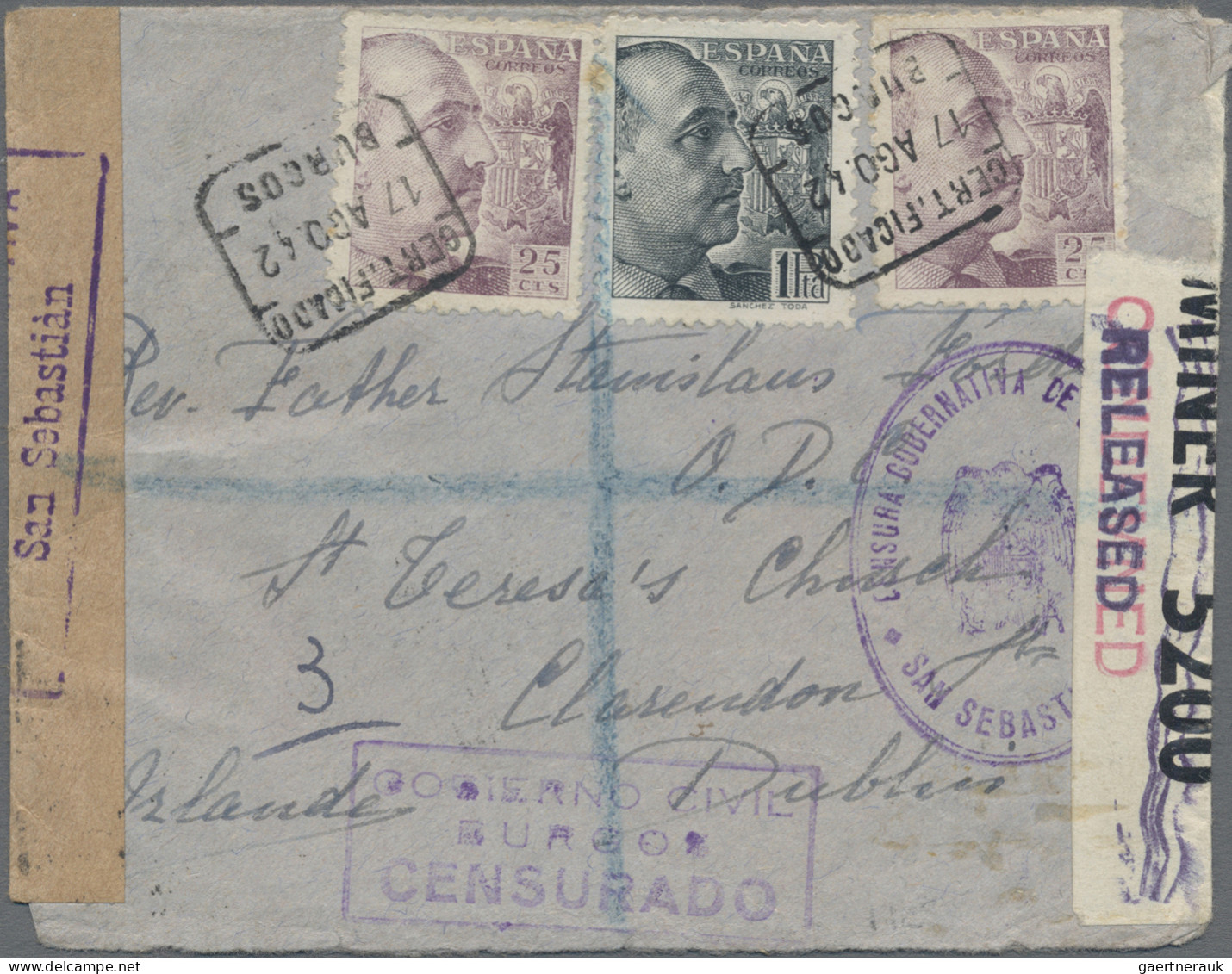 Spain: 1942 Censored Cover From Burgos To Dublin, Ireland Via San Sebastian & Ma - Covers & Documents