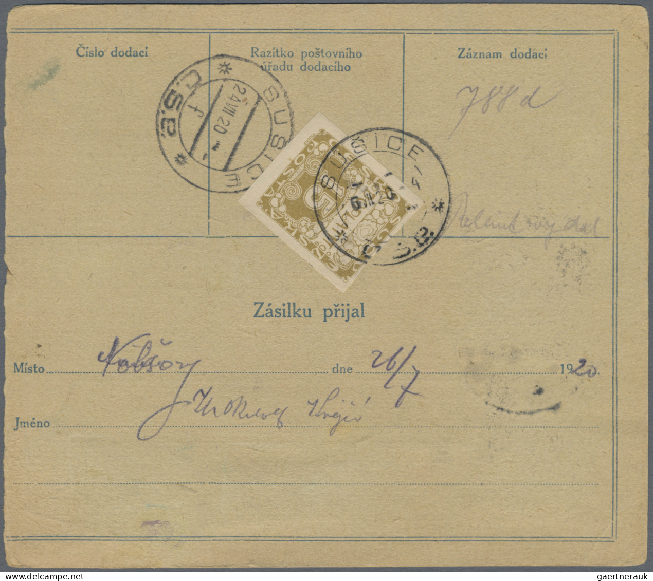 Czechoslowakia: 1920, 100 (H) Masarek And 10 H Green Hradschin On Parcel Card Fo - Covers & Documents