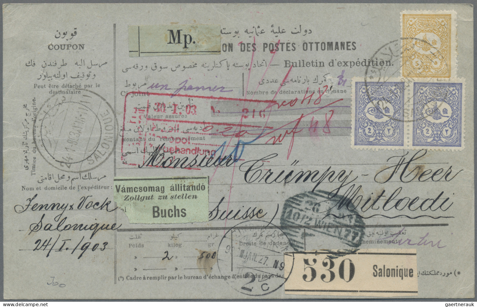 Turkey: 1903 Parcel Card Used From Salonique To Mitloedi, Switzerland Via Vienna - Lettres & Documents