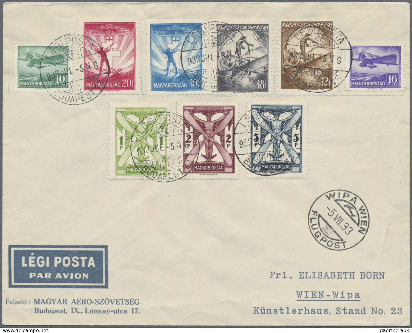 Hungary: 1933, Airmails 10f.-5p., Complete Set Of Nine On Airmail Cover From "BU - Briefe U. Dokumente