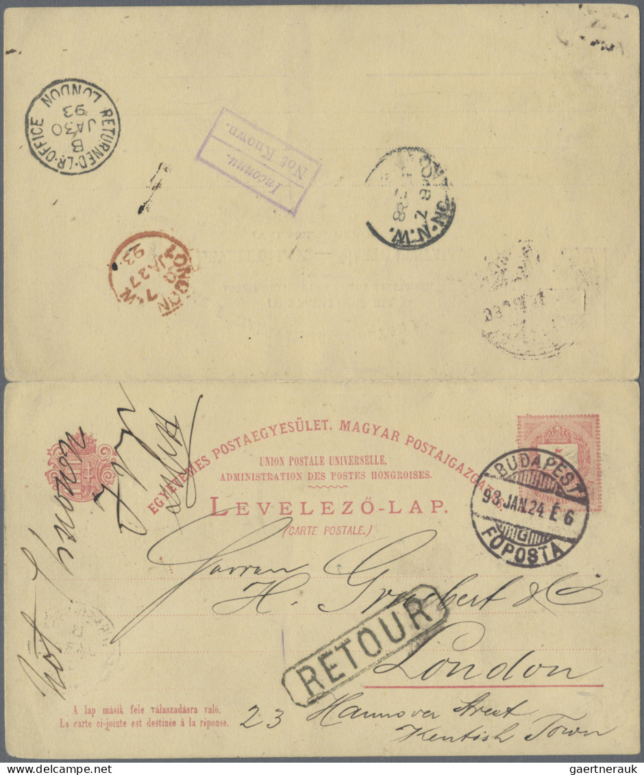 Hungary - Postal Stationary: 1893, Double Card 5kr.+5kr. Red Commercially Used W - Postwaardestukken