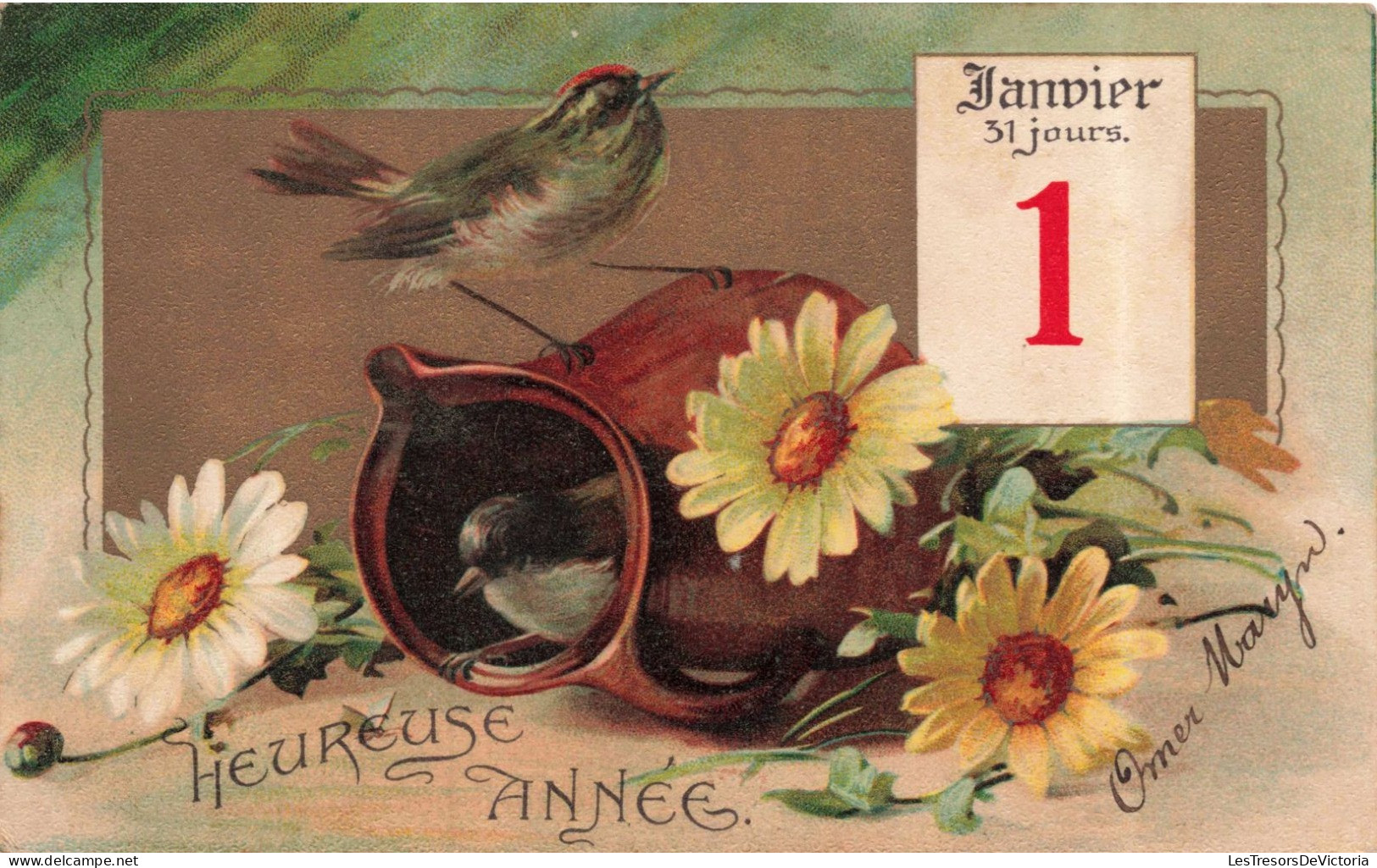 FETES ET VOEUX - Nouvel An - Un Carafe Décoré De Tournesols  Avec Deux Oiseaux - Colorisé - Carte Postale Ancienne - New Year