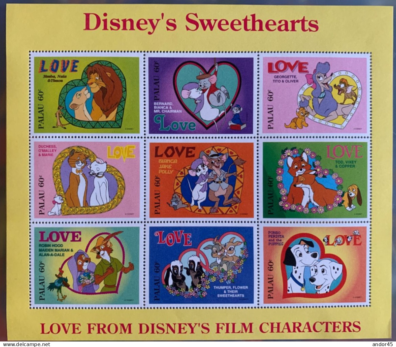 FOGLIETTO PALAU  LOVE FROM DISNEY'S FILM CHARACTERS  "DISNEY'S SWEETHEARTS  "   NOVE  VALORI  ILLUSTRATIVI   BELLO E RAR - Palau