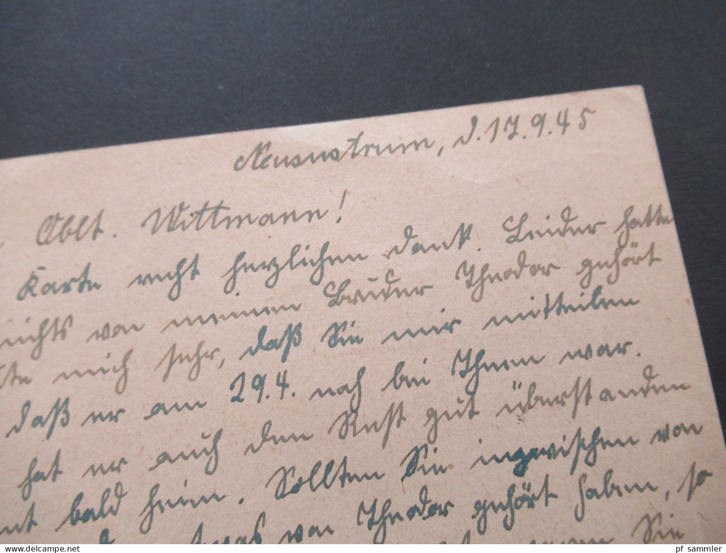 Bizone Am Post 19.9.1945 Nr.6 EF Fern PK alte Hitler GA mit Propaganda Zudruck überklebt / geschwärzt Hamm Westf - Eutin