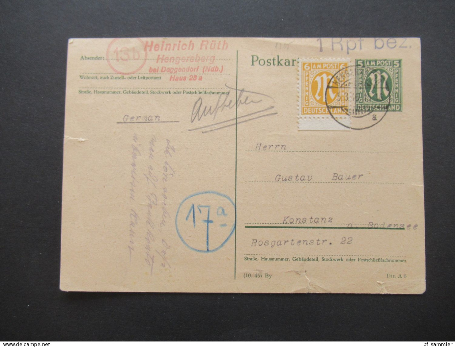 Bizone Am Post 5.3.1946 Nr.4 Als Zusatzfrankatur Auf GA Als Fern PK Hengersberg + Stempel L1 1 Rpf. Bez. Nach Konstanz - Covers & Documents