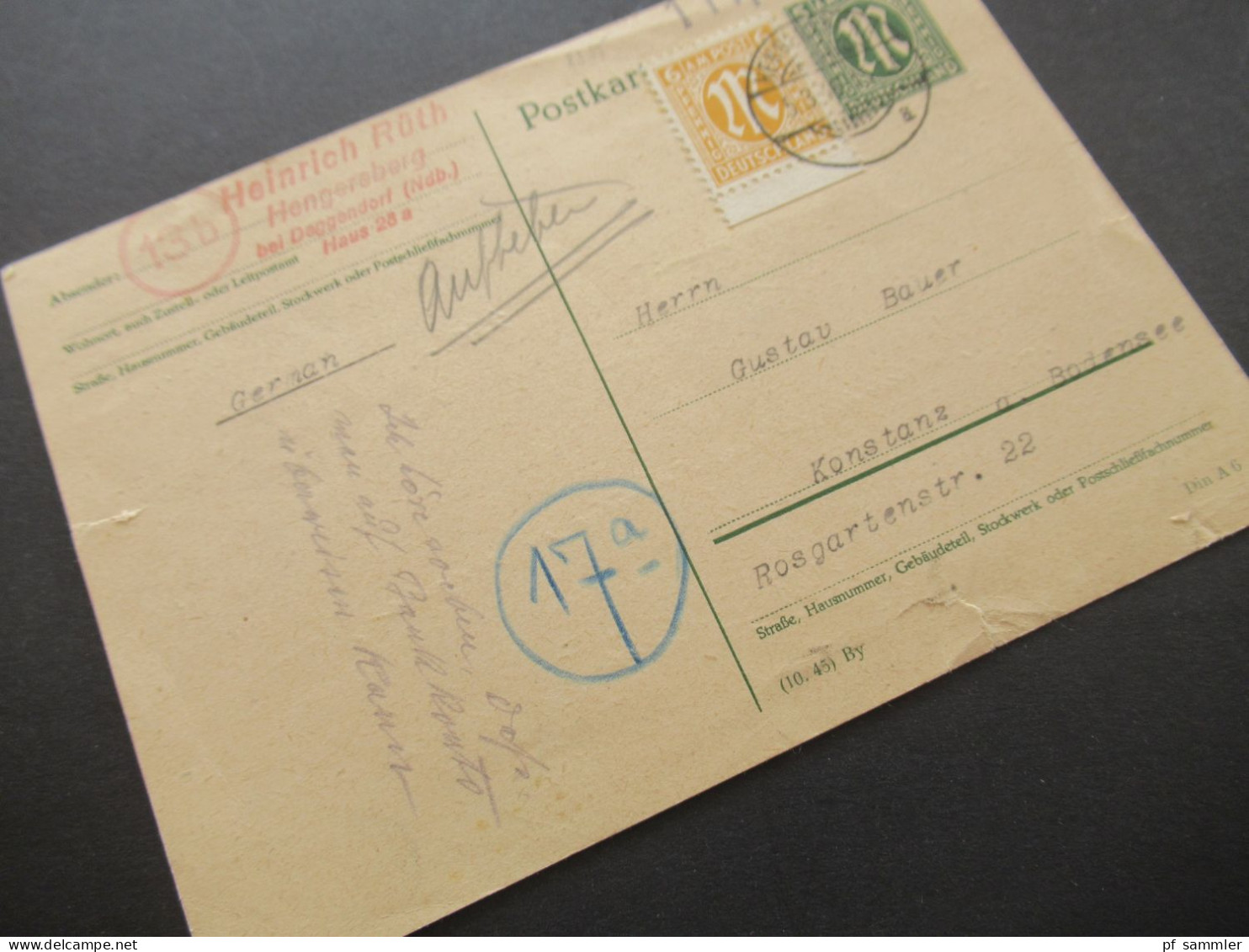 Bizone Am Post 5.3.1946 Nr.4 Als Zusatzfrankatur Auf GA Als Fern PK Hengersberg + Stempel L1 1 Rpf. Bez. Nach Konstanz - Brieven En Documenten