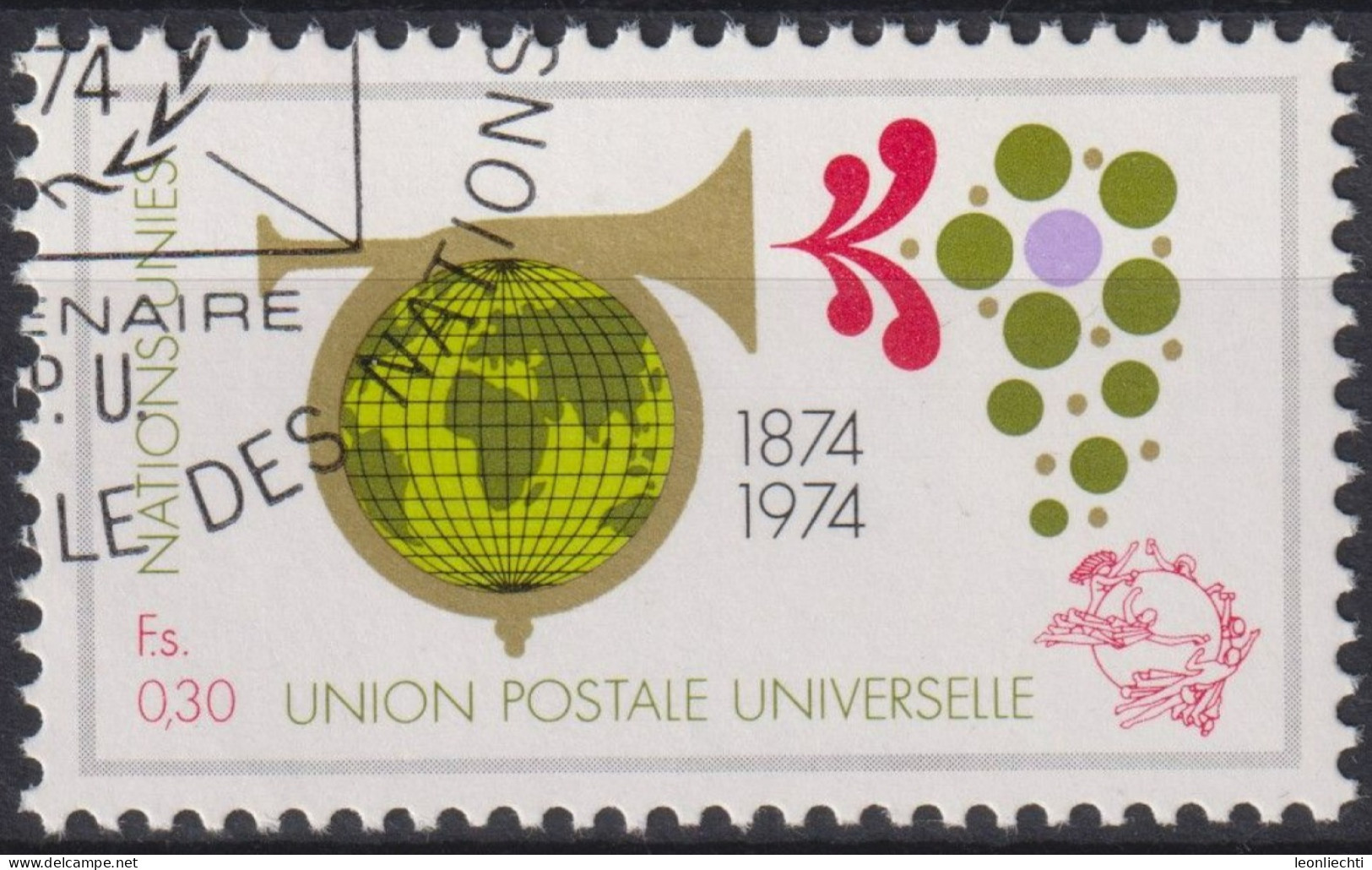 1974 UNO Genf ° Mi:NT-GE 39, Yt:NT-GE 39, Zum:NT-GE 39, 100 Jahre Weltpostverein, Globus In Posthorn - Used Stamps