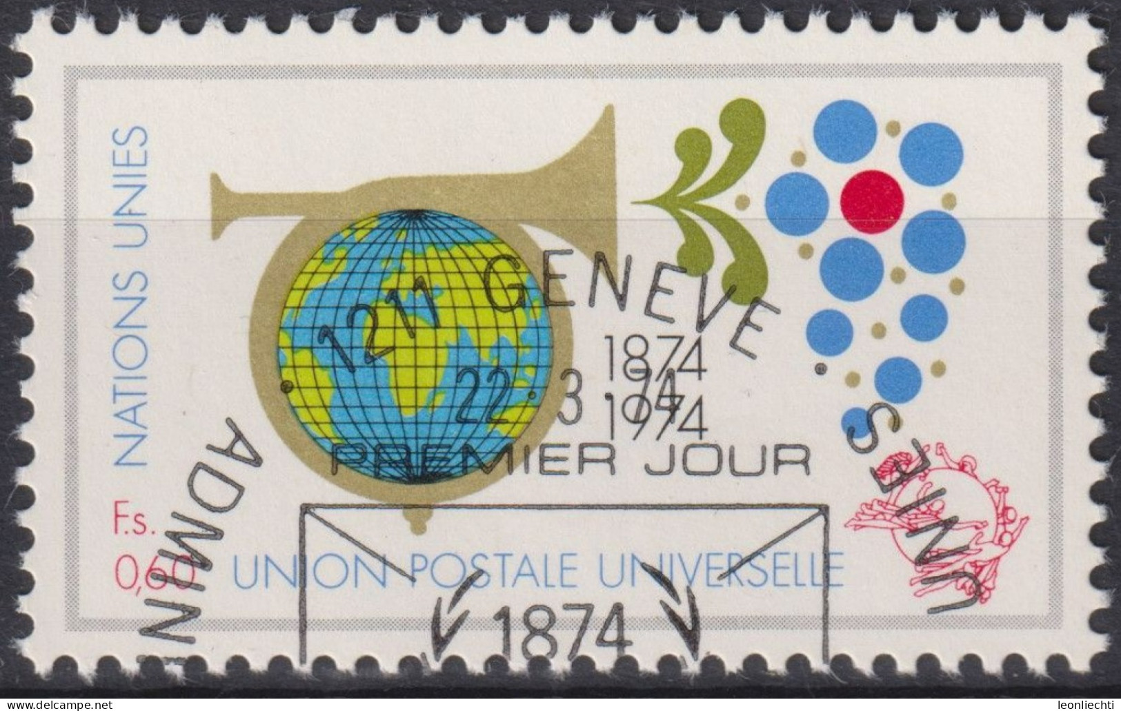 1974 UNO Genf ° Mi:NT-GE 40, Yt:NT-GE 40, Zum:NT-GE 40, 100 Jahre Weltpostverein, Globus In Posthorn - Gebraucht