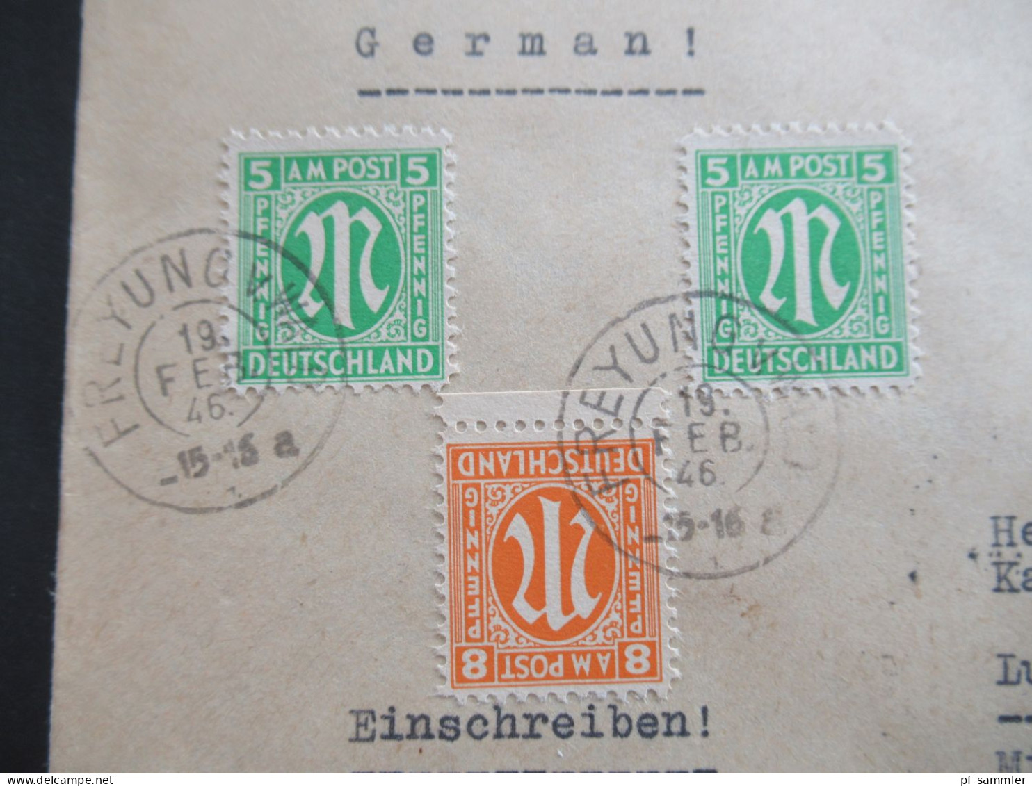 Bizone Am Post 19.2.1945 MiF Nr.8 Mit Teil Plattenr. Einschreiben Fernbrief Freyung (v Wald) Nach Lutherstadt Wittenberg - Covers & Documents