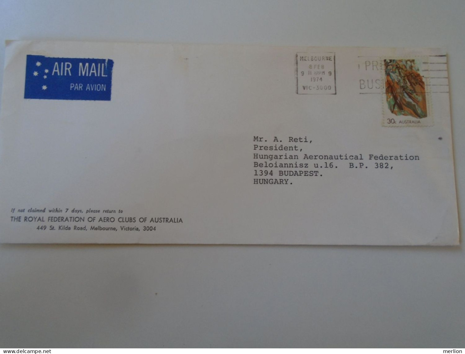 D198182   Australia  Airmail  Cover 1974 Melbourne- The Royal Federation Of Aero Clubs Fo Australia  - Sent To Hungary - Lettres & Documents