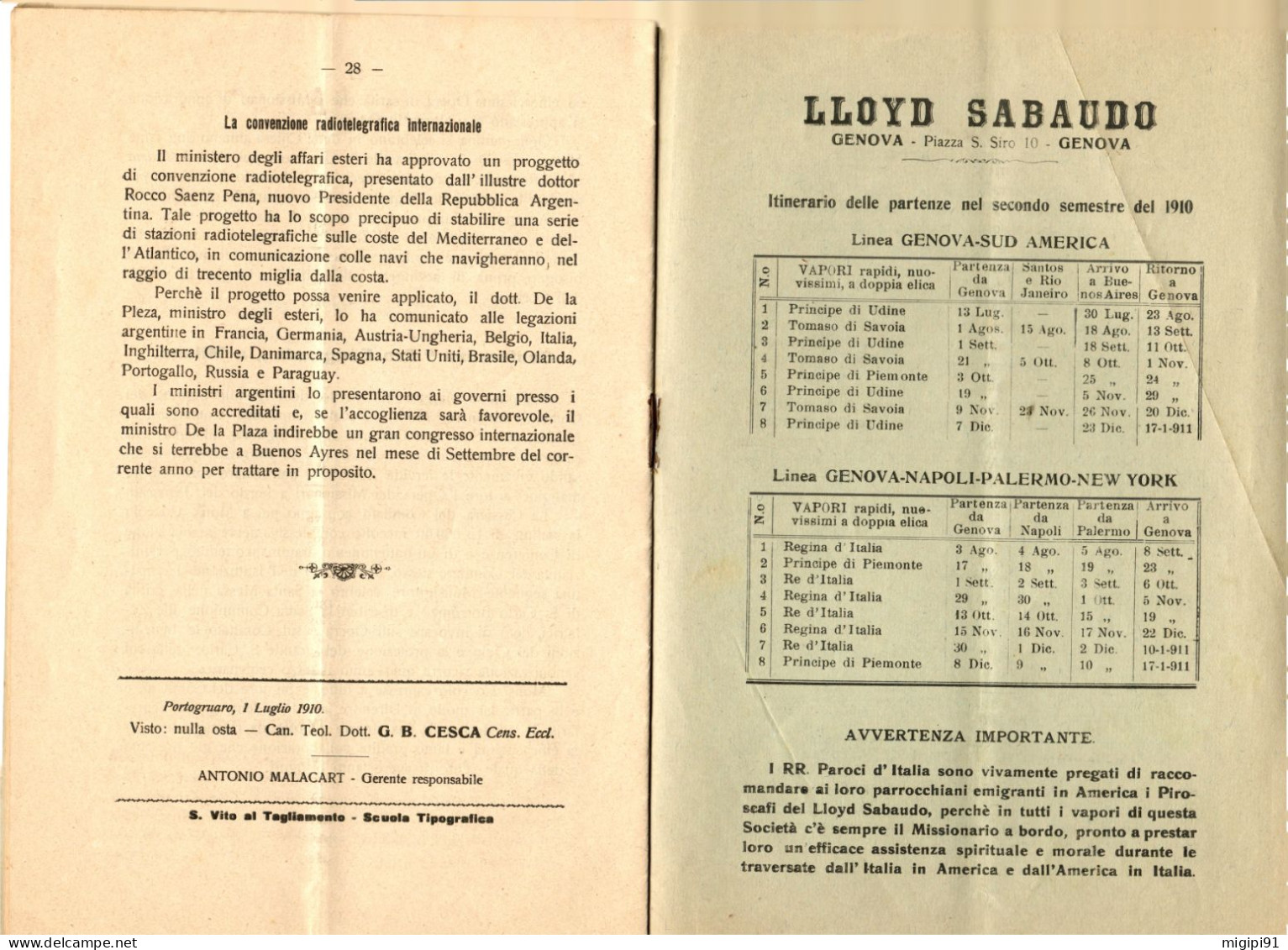 **   BOLLETTINO Dei MISSIONARI DI EMIGRAZIONE Di S. ANTONIO DI PADOVA  Anno I° Luglio - Agosto  1910 N°4** - Religión