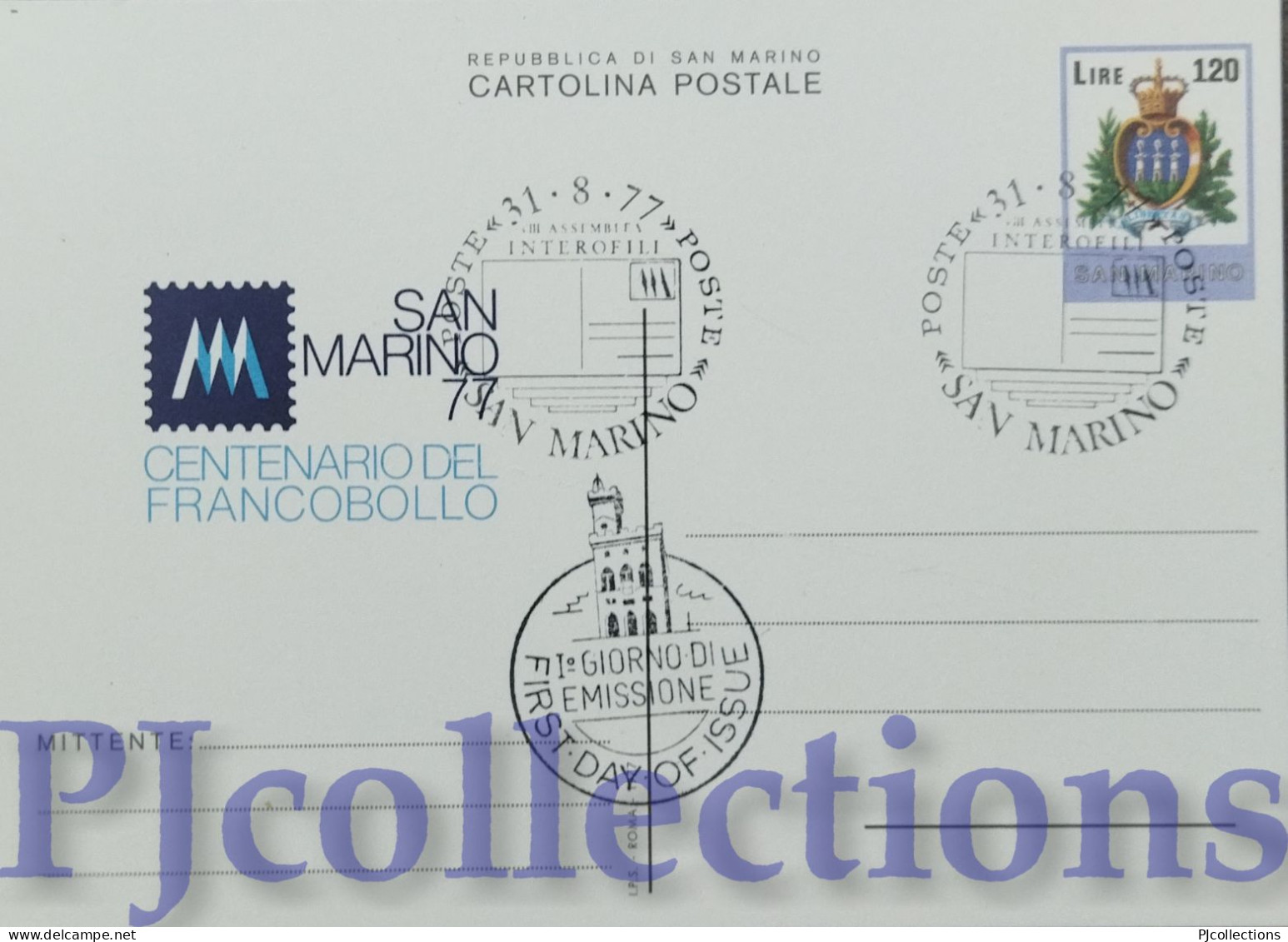 5631- SAN MARINO 1977 CARTOLINA POSTALE CENTENARIO DEL FRANCOBOLLO L.120 C/ANNULLO 1° GIORNO - Briefe U. Dokumente