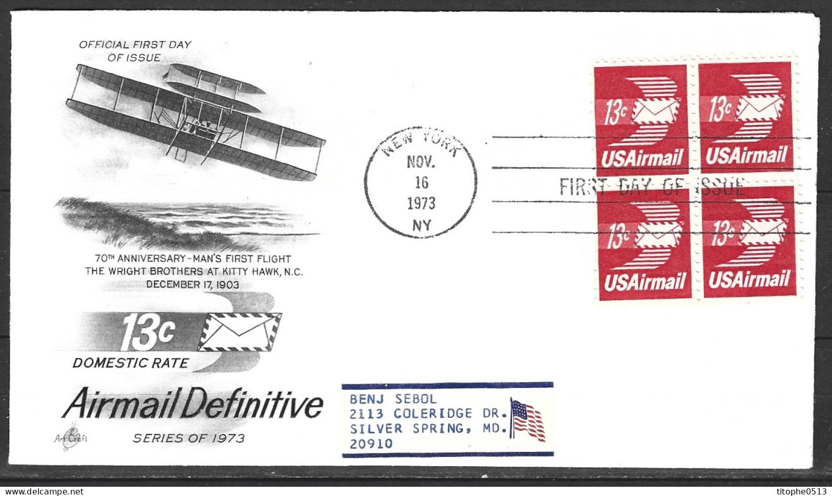 USA. PA80 X4 Sur Enveloppe 1er Jour (FDC) De 1973. Lettre Par Avion. - 1971-1980