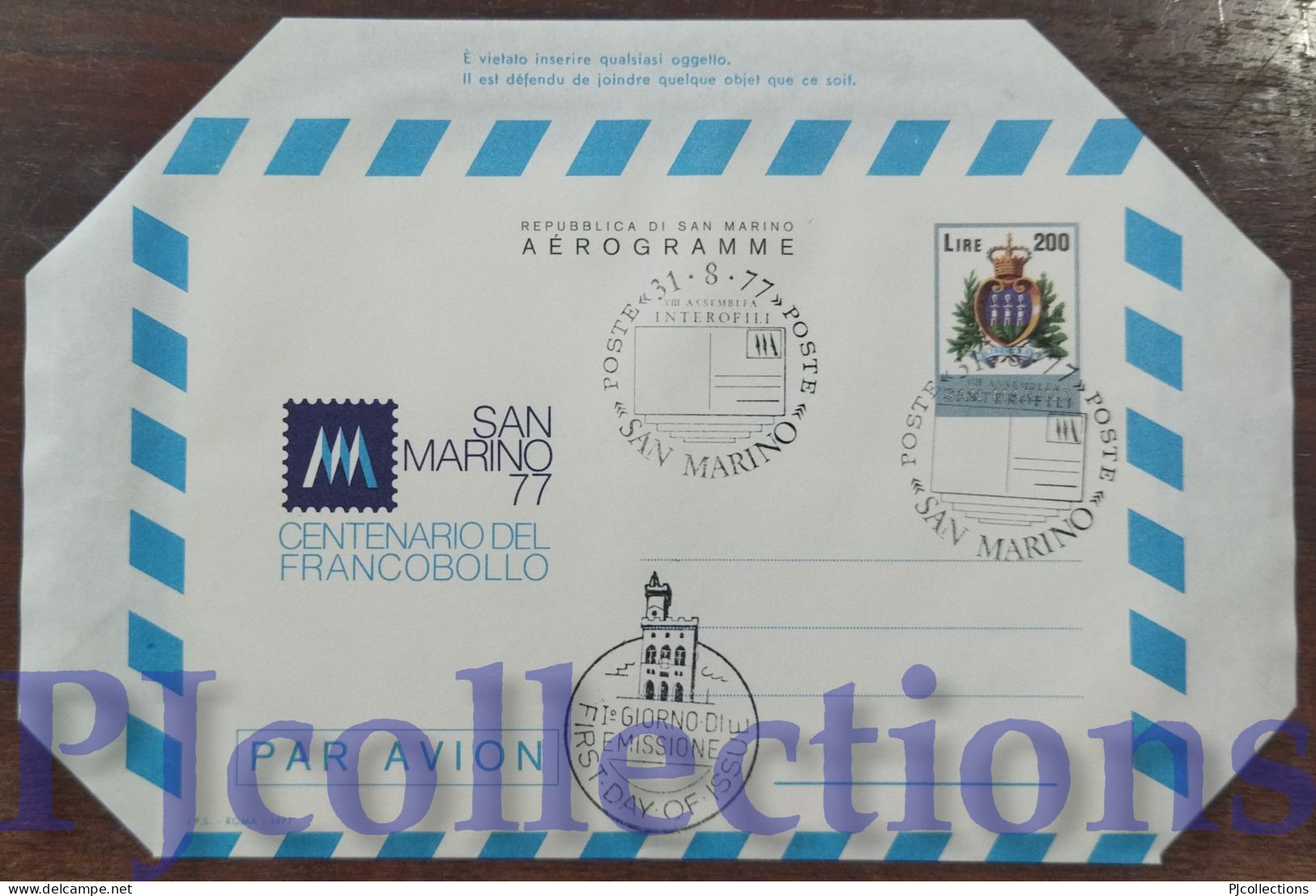 5635- SAN MARINO 1977 AEROGRAMMA CENTENARIO DEL FRANCOBOLLO L.200 C/ANNULLO 1° GIORNO - Storia Postale