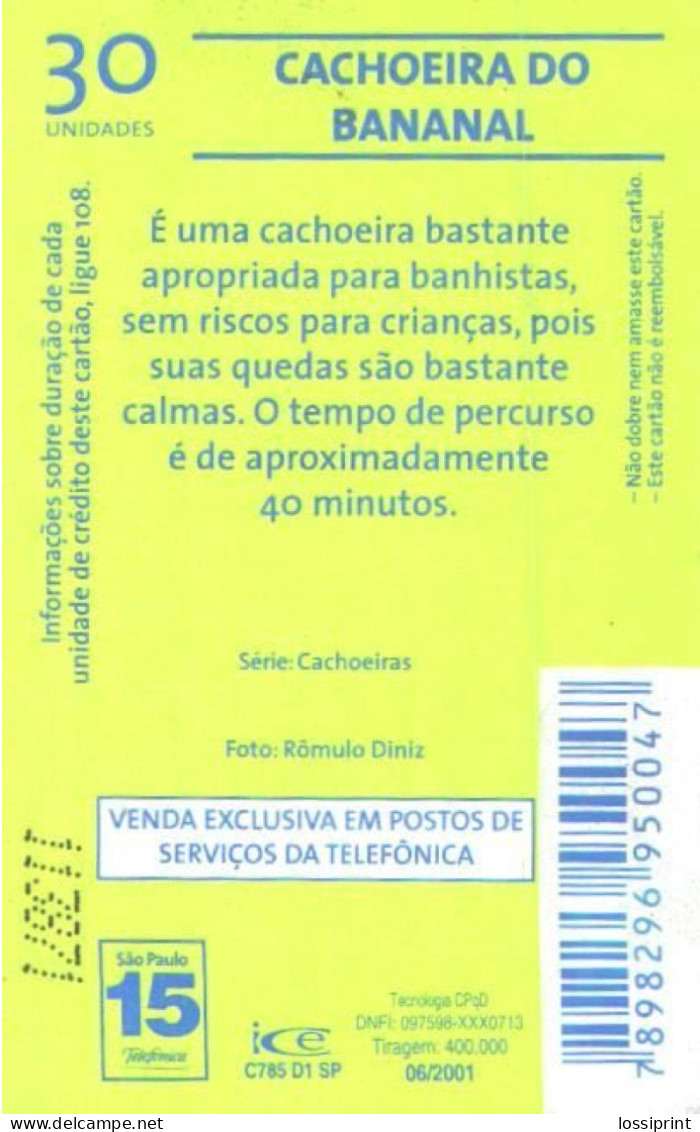 Brazil:Brasil:Used Phonecard, Telefonica, 30 Units, Bananal Waterfall, 2001 - Paesaggi