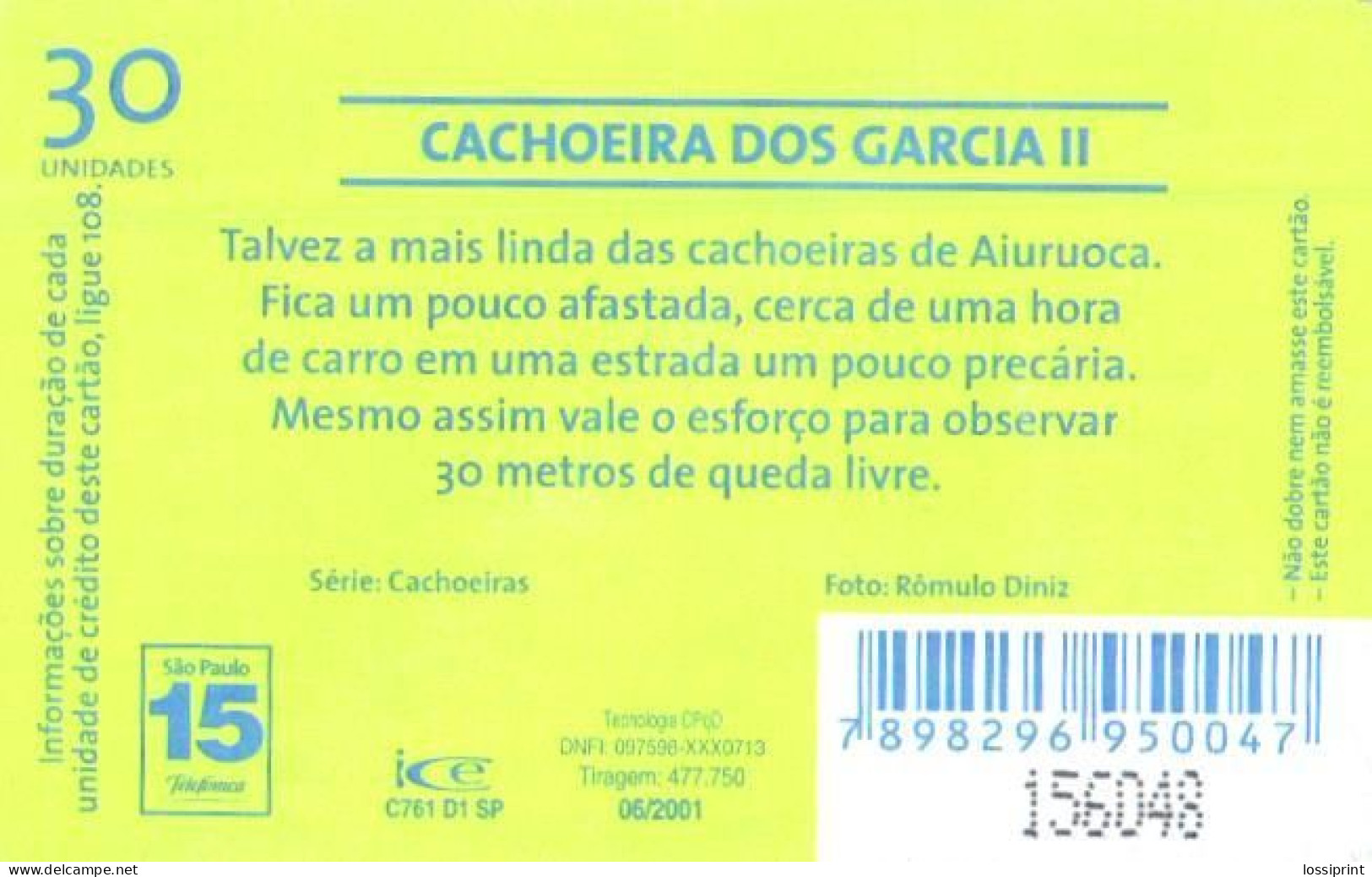 Brazil:Brasil:Used Phonecard, Telefonica, 30 Units, Garcia II Waterfall, 2001 - Paisajes