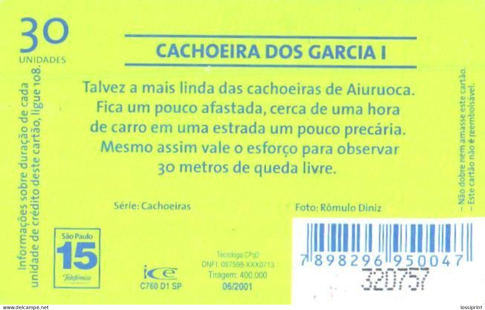 Brazil:Brasil:Used Phonecard, Telefonica, 30 Units, Garcia I Waterfall, 2001 - Paysages