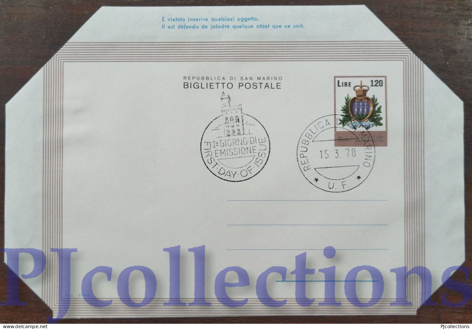 5638- SAN MARINO 1978 BIGLIETTO POSTALE ORDINARIO L.120 C/ANNULLO 1° GIORNO - Cartas & Documentos