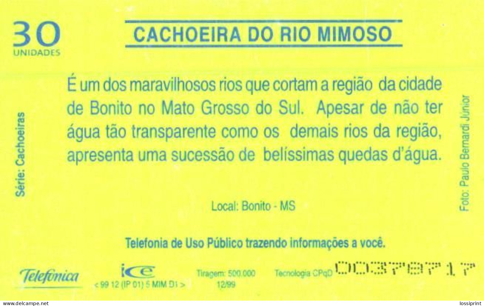 Brazil:Brasil:Used Phonecard, Telefonica, 30 Units, Rio Mimiso Waterfall, 1999 - Paesaggi