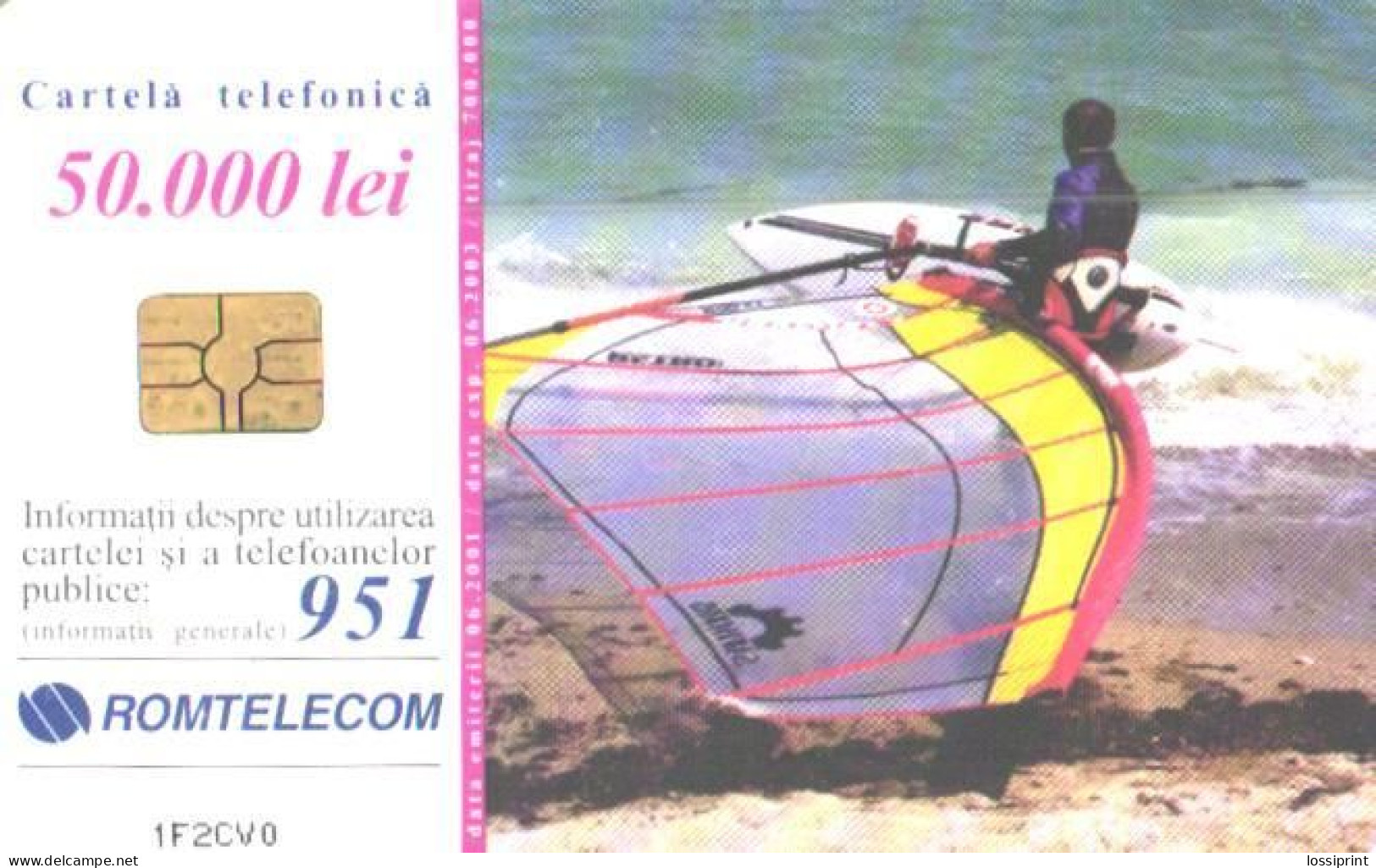 Romania:Used Phonecard, Romtelecom, 50000 Lei, Beach View, Windsurfer, 2001 - Paesaggi