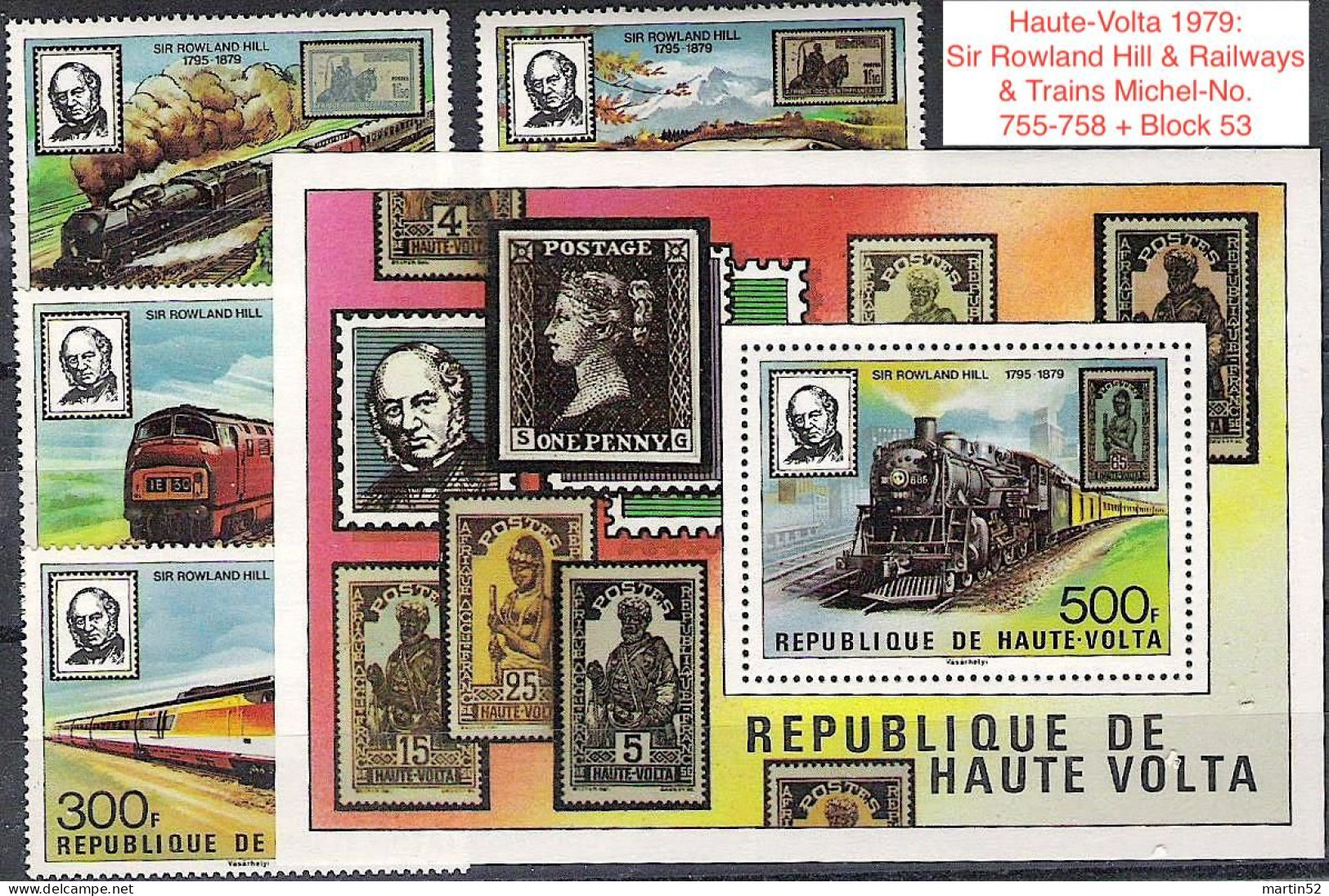 Haute-Volta 1979: "Sir Rowland Hill & Railways & Trains" Michel-No. 755-758 + Block 53 ** MNH - Rowland Hill