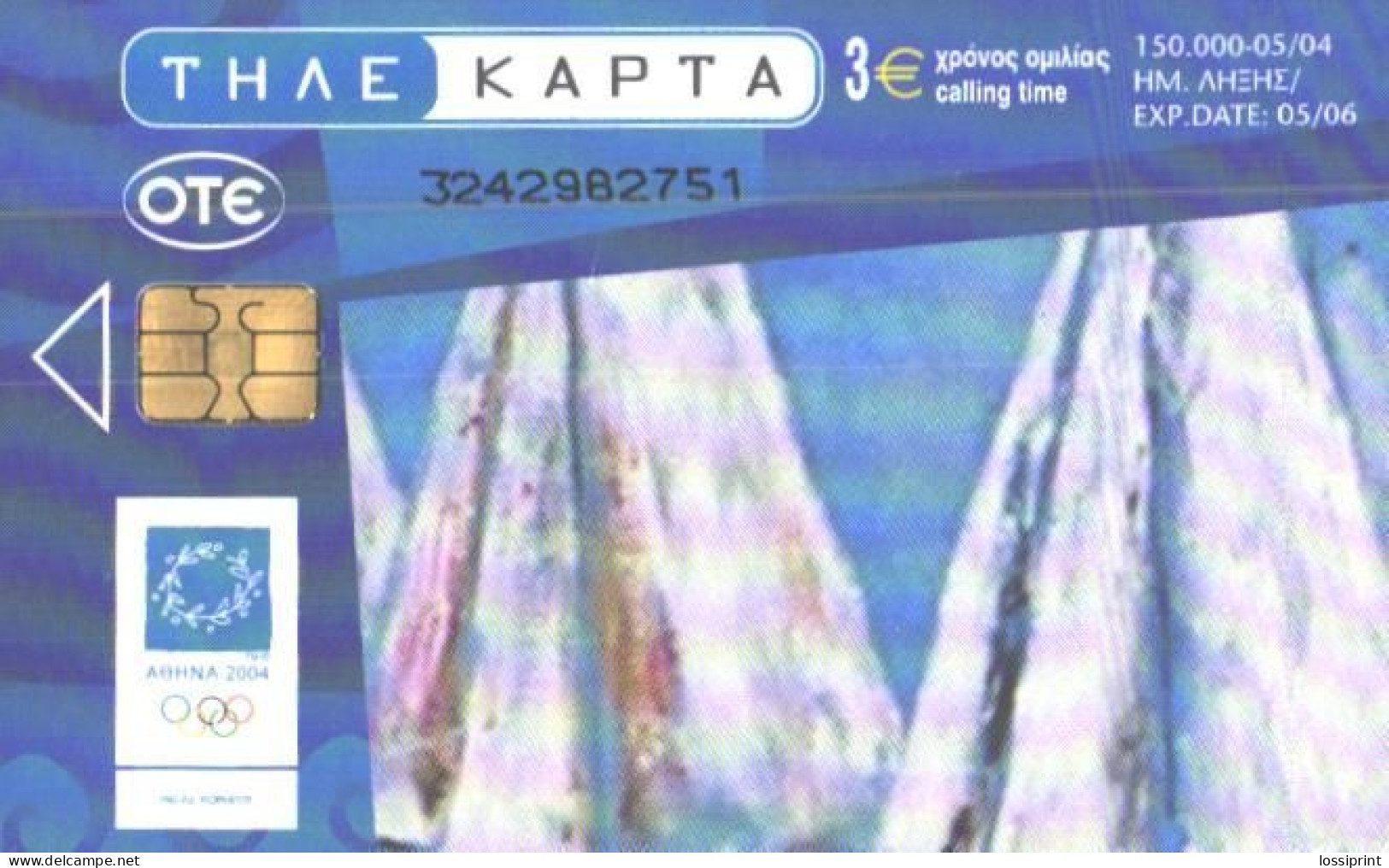 Greece:Used Phonecard, OTE, 3€, Athens Olympig Games 2004, Sailing - Olympische Spelen