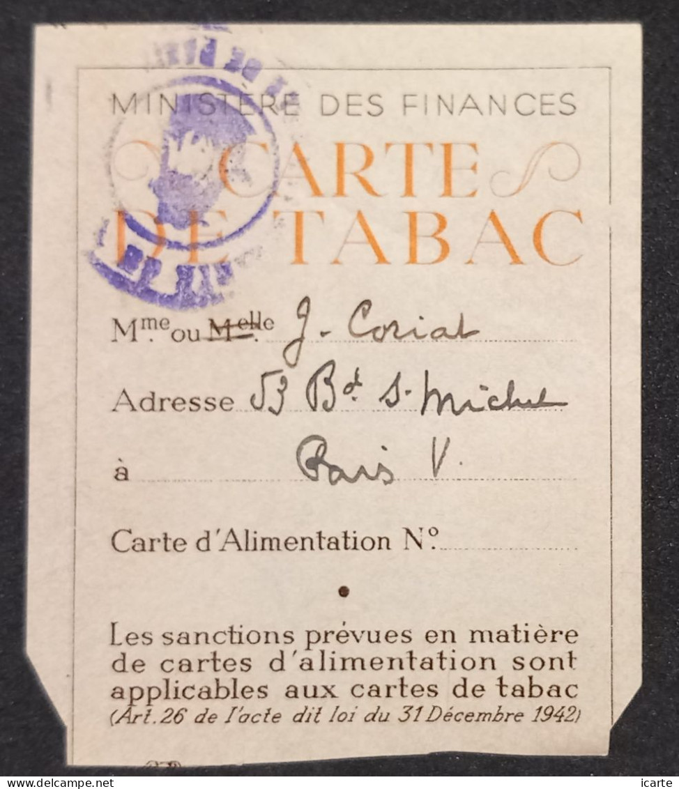 Carte De Tabac Bd Saint Michel Paris 5e Tabac La Corona 1942 - Dokumente