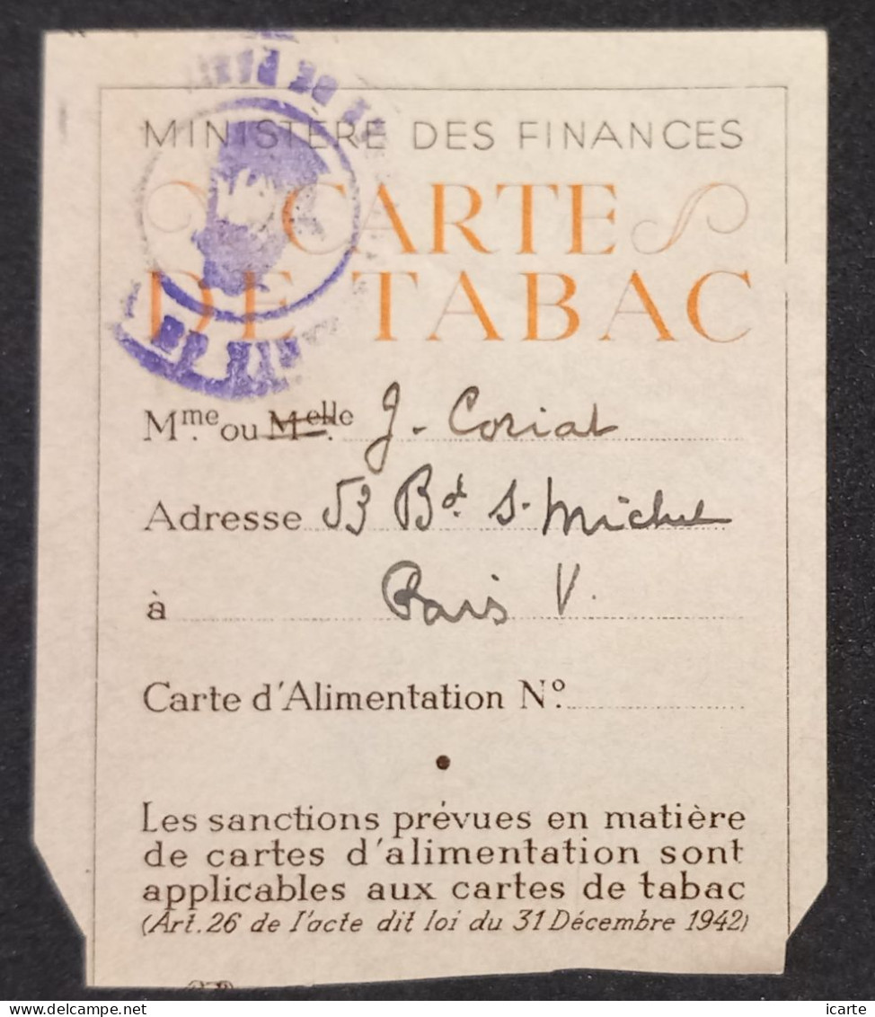 Carte De Tabac Bd Saint Michel Paris 5e Tabac La Corona 1942 - Documents