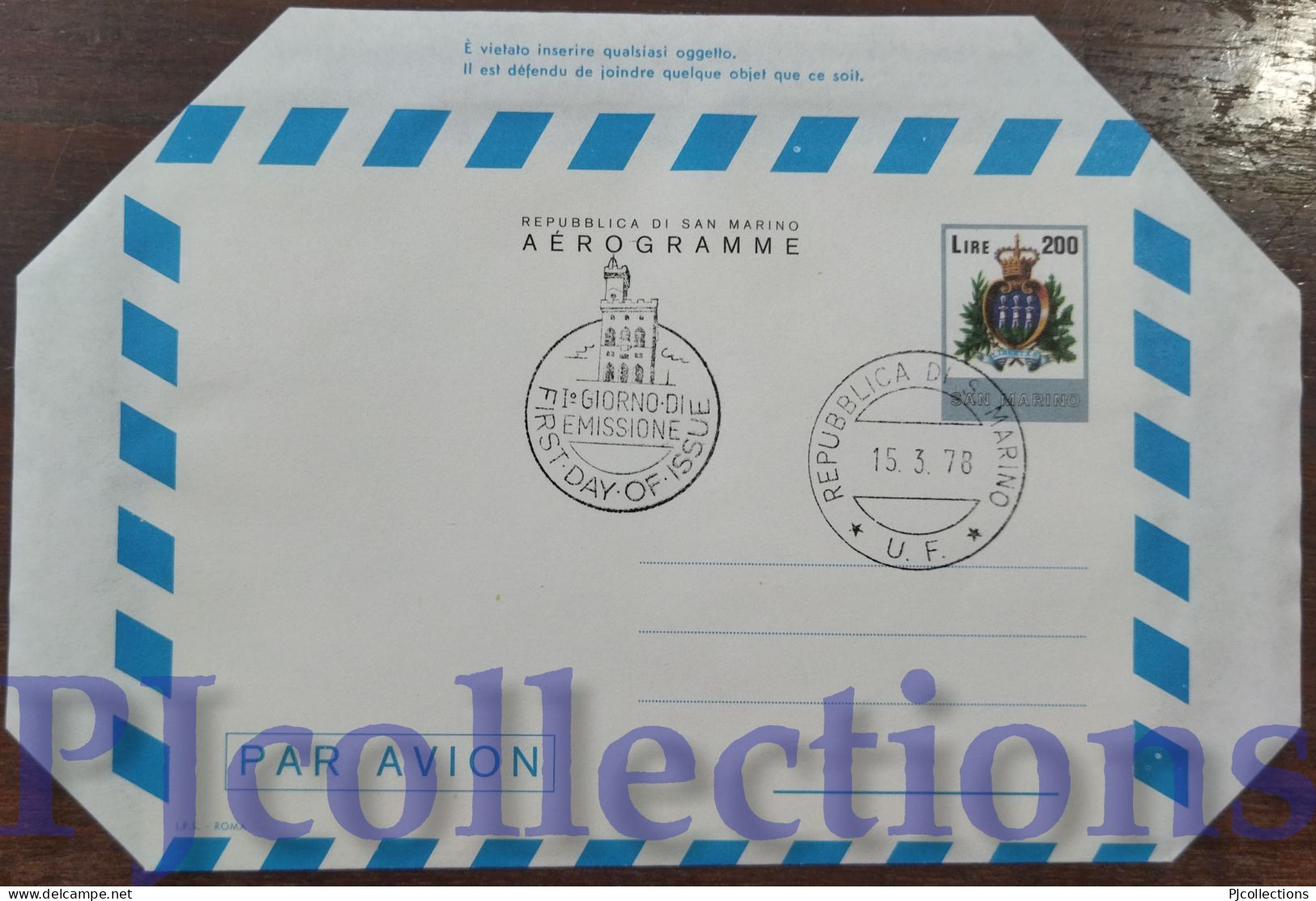 5643- SAN MARINO 1978 AEROGRAMMA ORDINARIO L.200 C/ANNULLO 1° GIORNO - Storia Postale